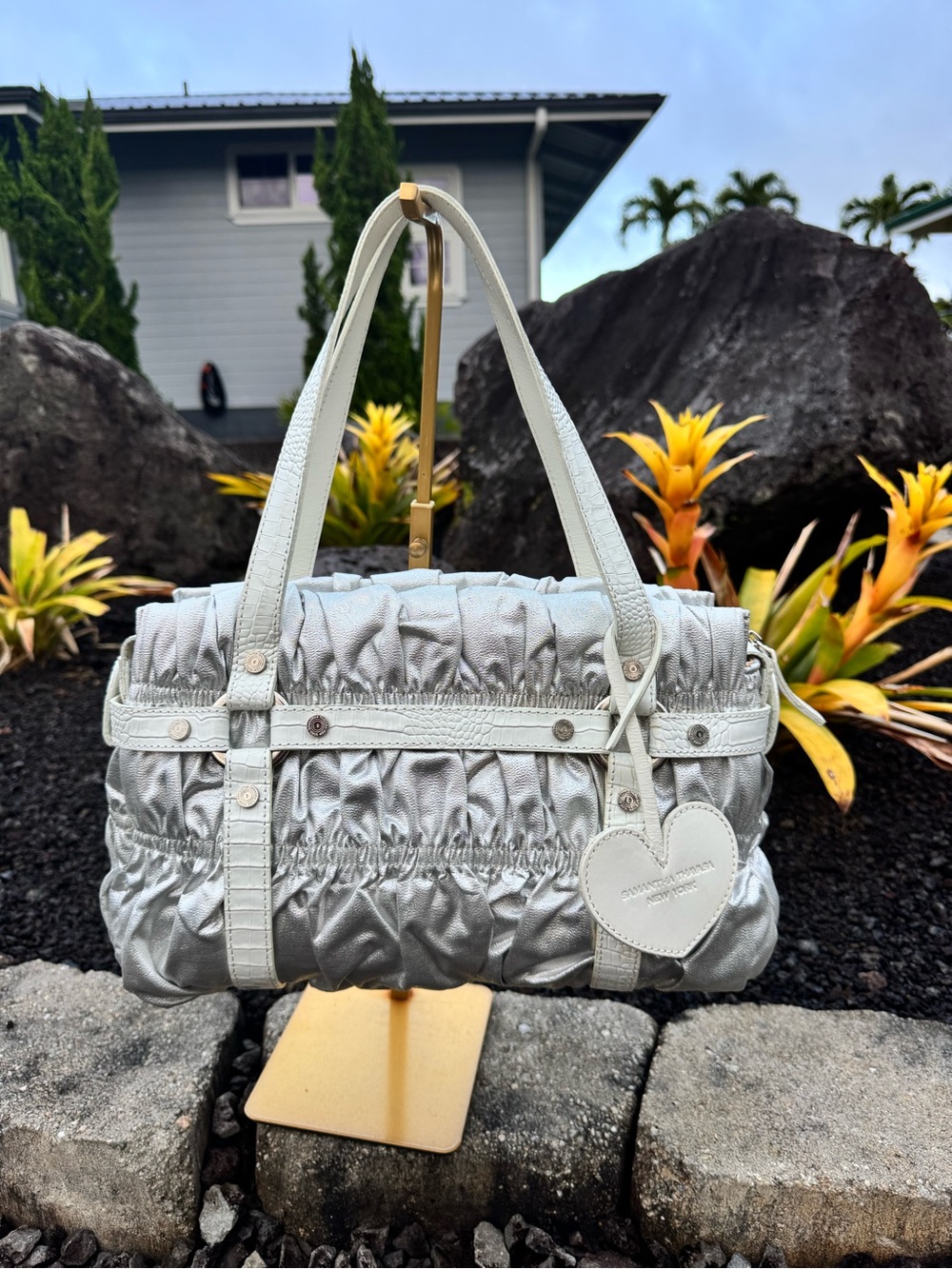 Samantha Thavasa New York Silver Ruched Satchel Shoulder Bag Heart Charm